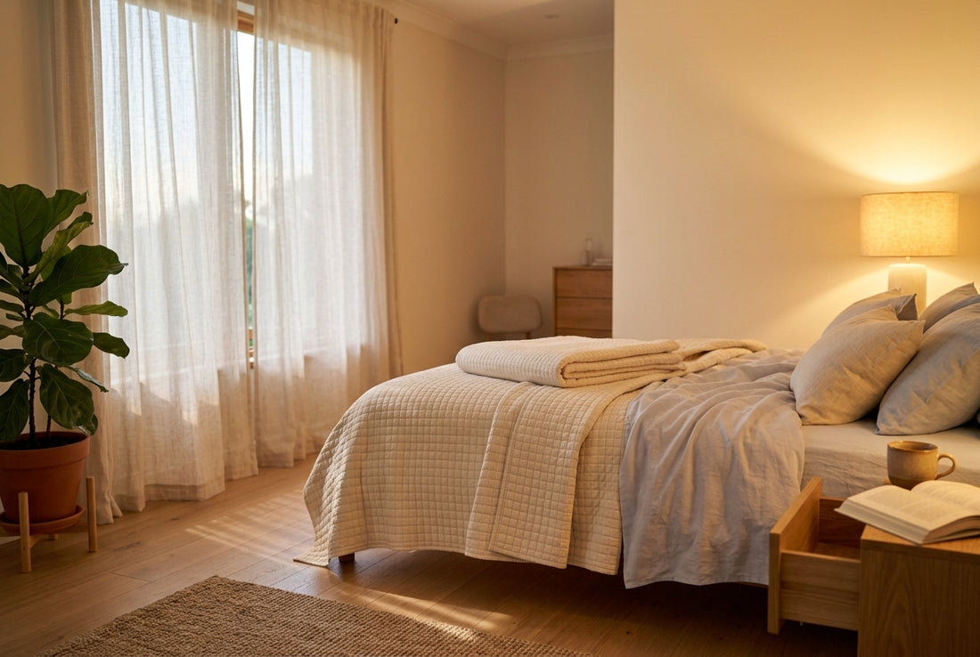Schlafzimmer am Abend mit Leselampe, Buch, Tee und gefalteter müüd Gewichtsdecke