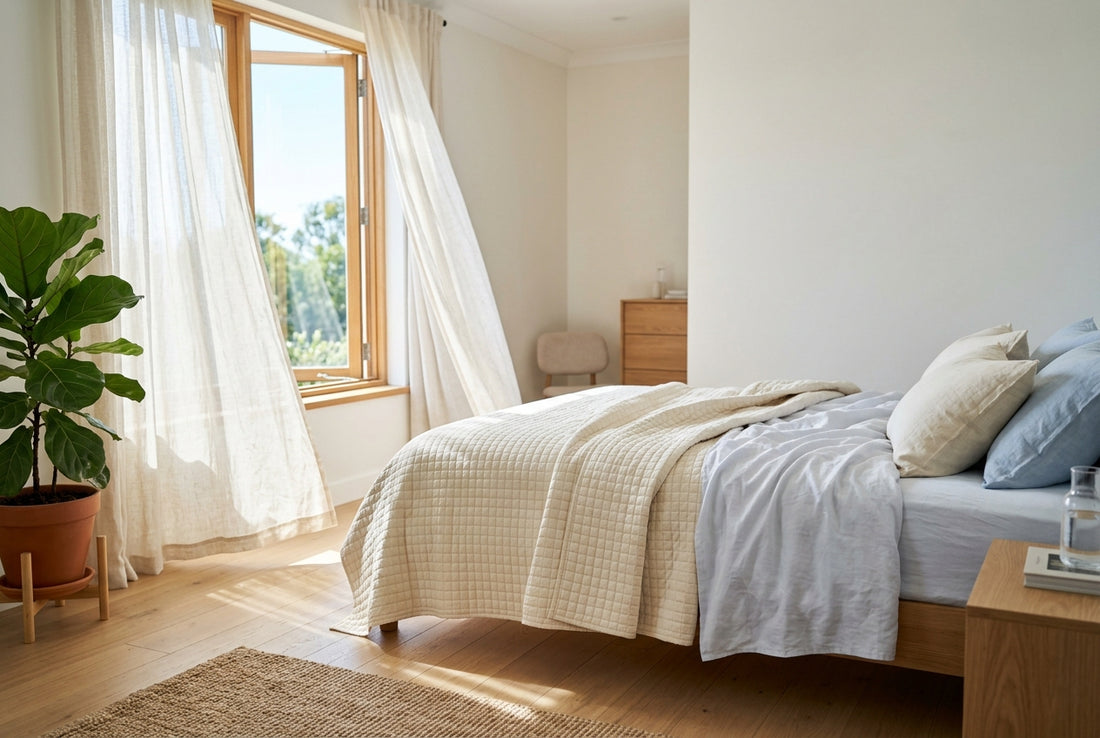 Luftiges Schlafzimmer am Sommermorgen mit offenem Fenster und zurückgeschlagener müüd Gewichtsdecke